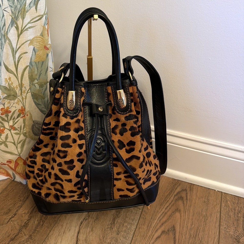 Marino Orlandi Bucket Bag Black Brown Leopard Print Drawstring Top Handle
